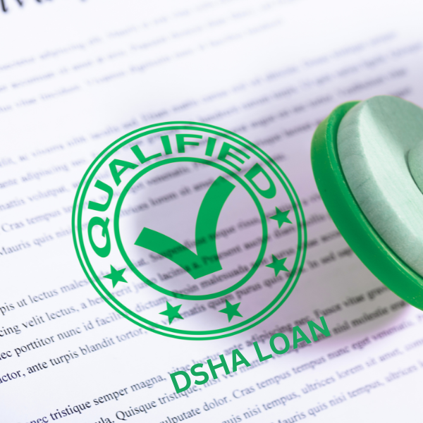 A green stamp that includes a circle, the word "qualified" and a check mark depicting a loan application that has been submitted and has qualified for a DSHA loan.