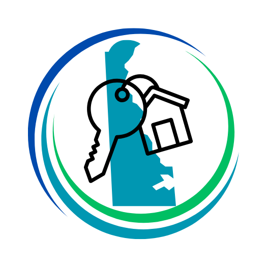 Delaware Home Loan Pros Logo. An image of the State of Delaware in teal with an overlay of an outline of a house keychain with the outline of a key, both in black, and all circled by three overlapping semi-circles in blue, teal, and green.