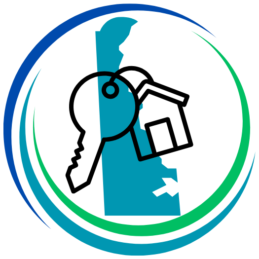 Delaware Home Loan Pros Logo. An image of the State of Delaware in teal with an overlay of an outline of a house keychain with the outline of a key, both in black, and all circled by three overlapping semi-circles in blue, teal, and green. The background is transparent.