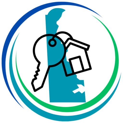 Delaware Home Loan Pros Logo. An image of the State of Delaware in teal with an overlay of an outline of a house keychain with the outline of a key, both in black, and all circled by three overlapping semi-circles in blue, teal, and green. The background is white.