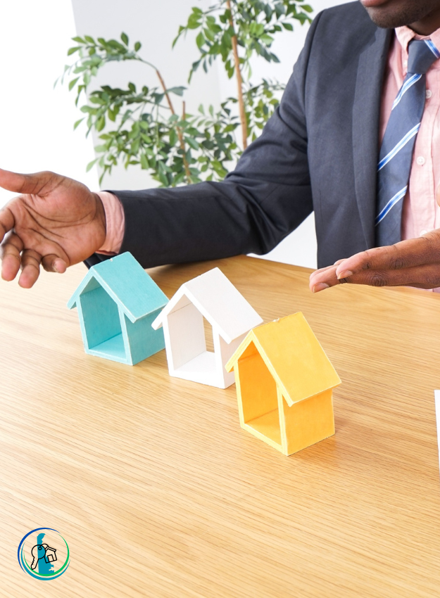 Image of a man with suit and tie and three houses on a desk indicating homeownership in Delaware options.